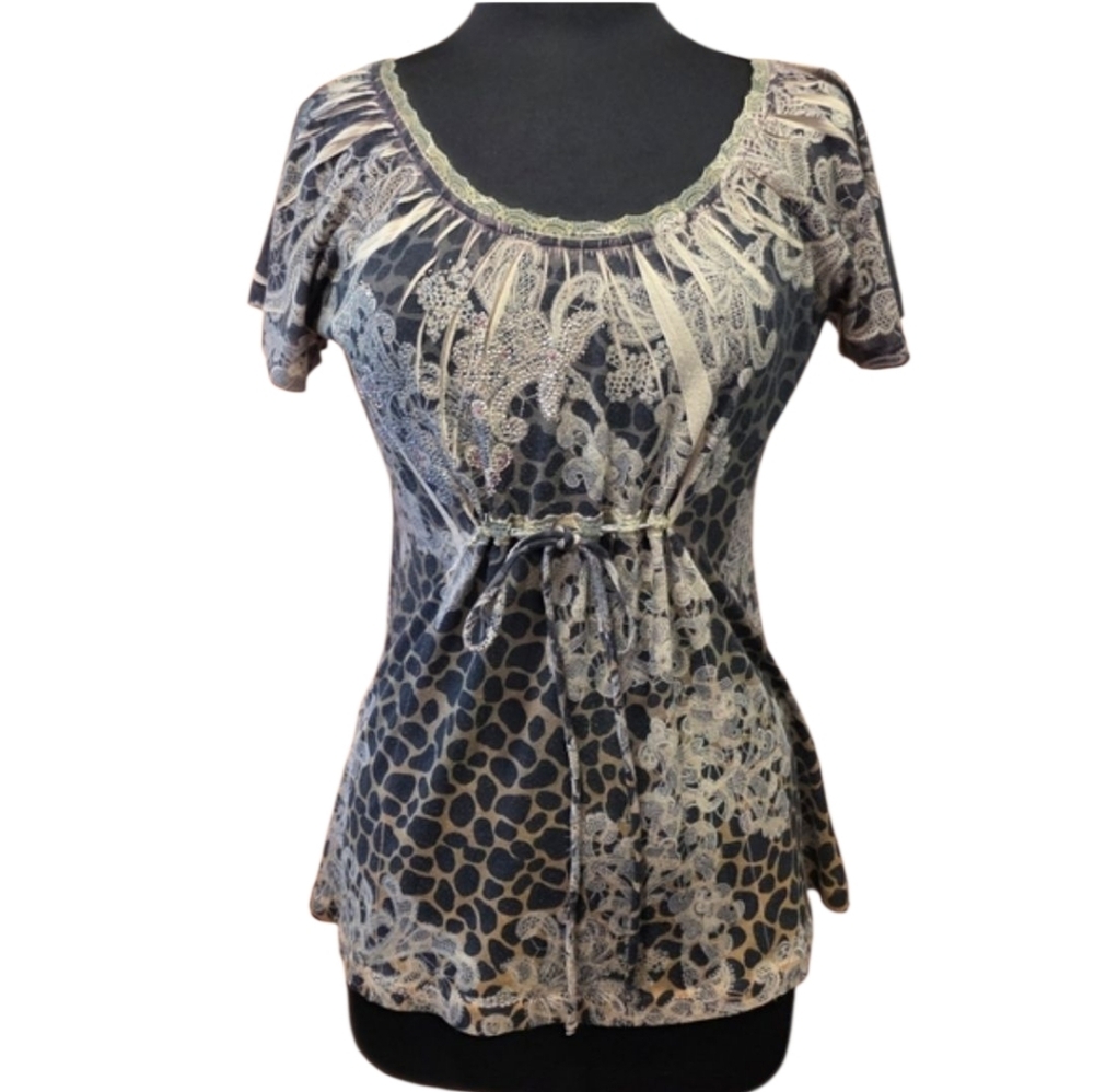 Vintage Bleu Medium Y2K Tee Babydoll Tunic Black & Cream Short Sleeve Top Indie